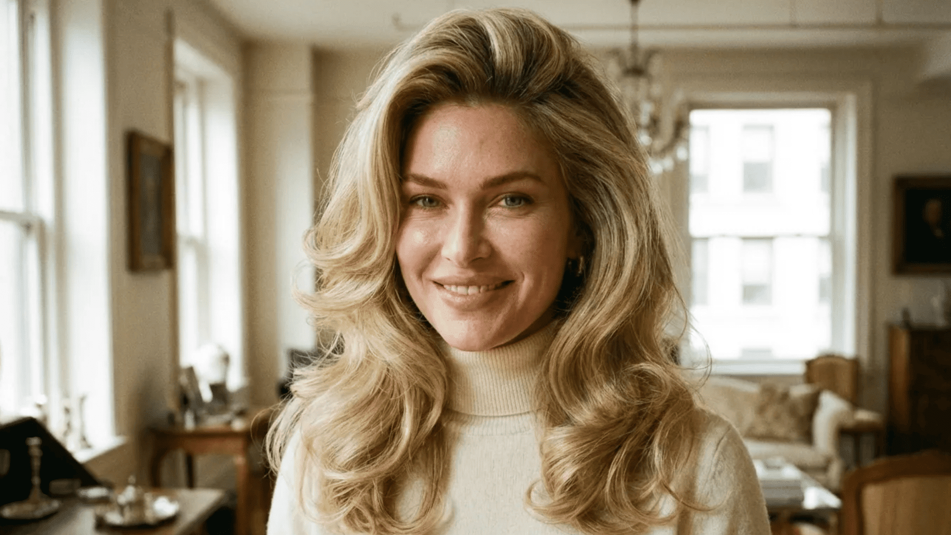 Voluminous blonde blowout with soft waves and lifted roots, styled with smooth texture and natural bounce for a polished everyday look