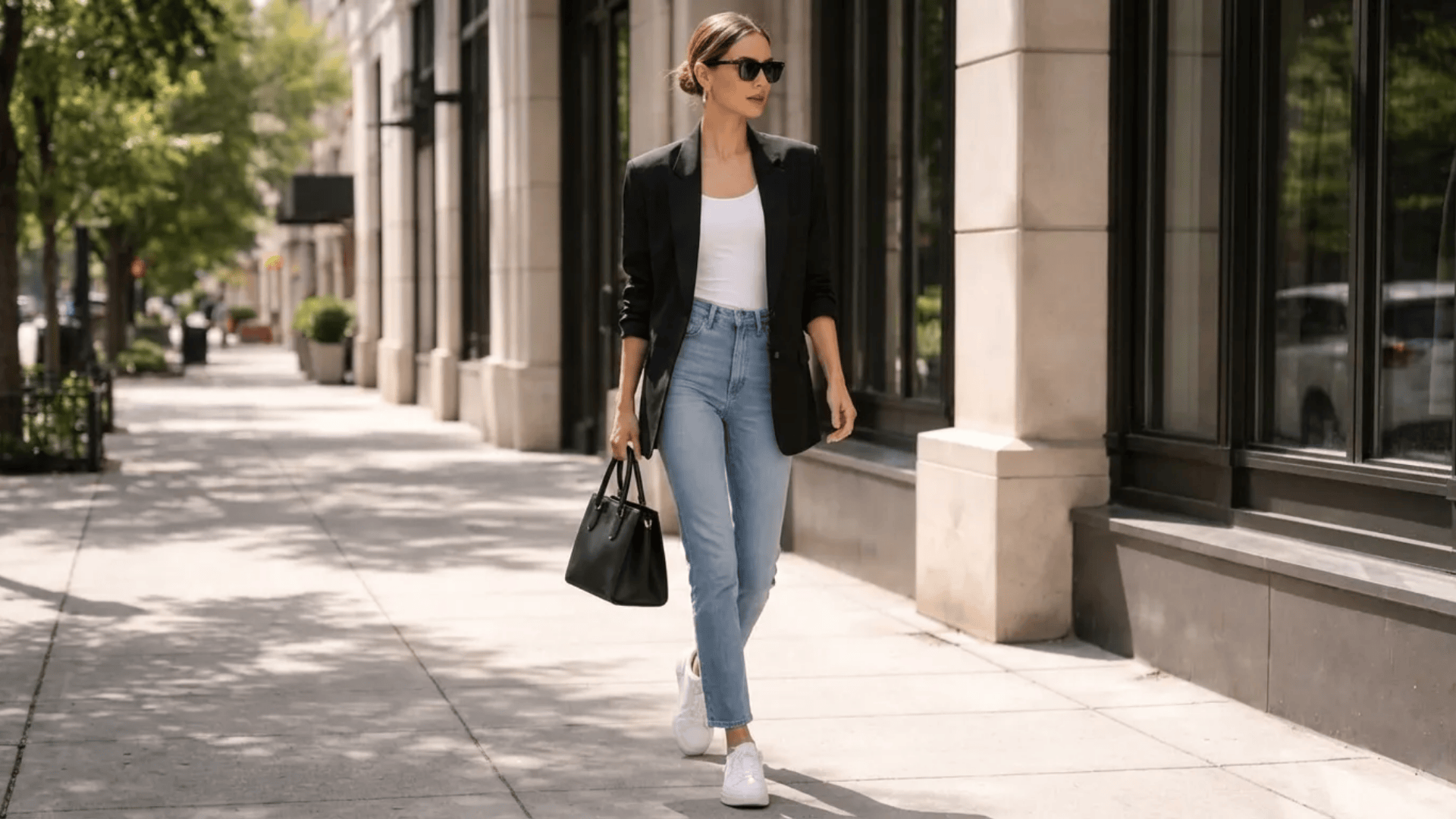 Woman in black blazer, white top, and high-waisted jeans walking on city sidewalk with sunglasses and black handbag