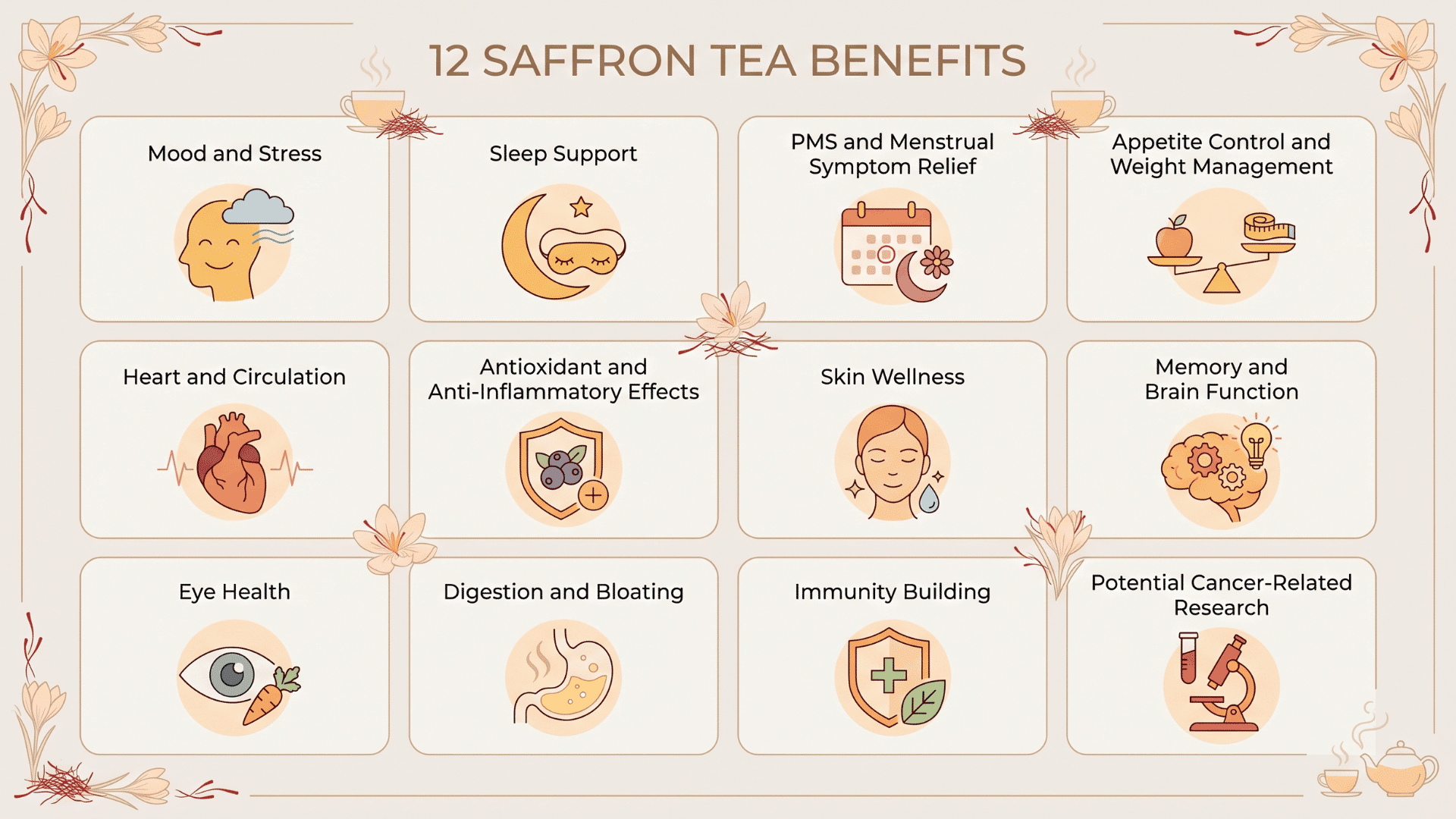 16 9 infographic showing 12 saffron tea benefits with simple illustrations and headings only