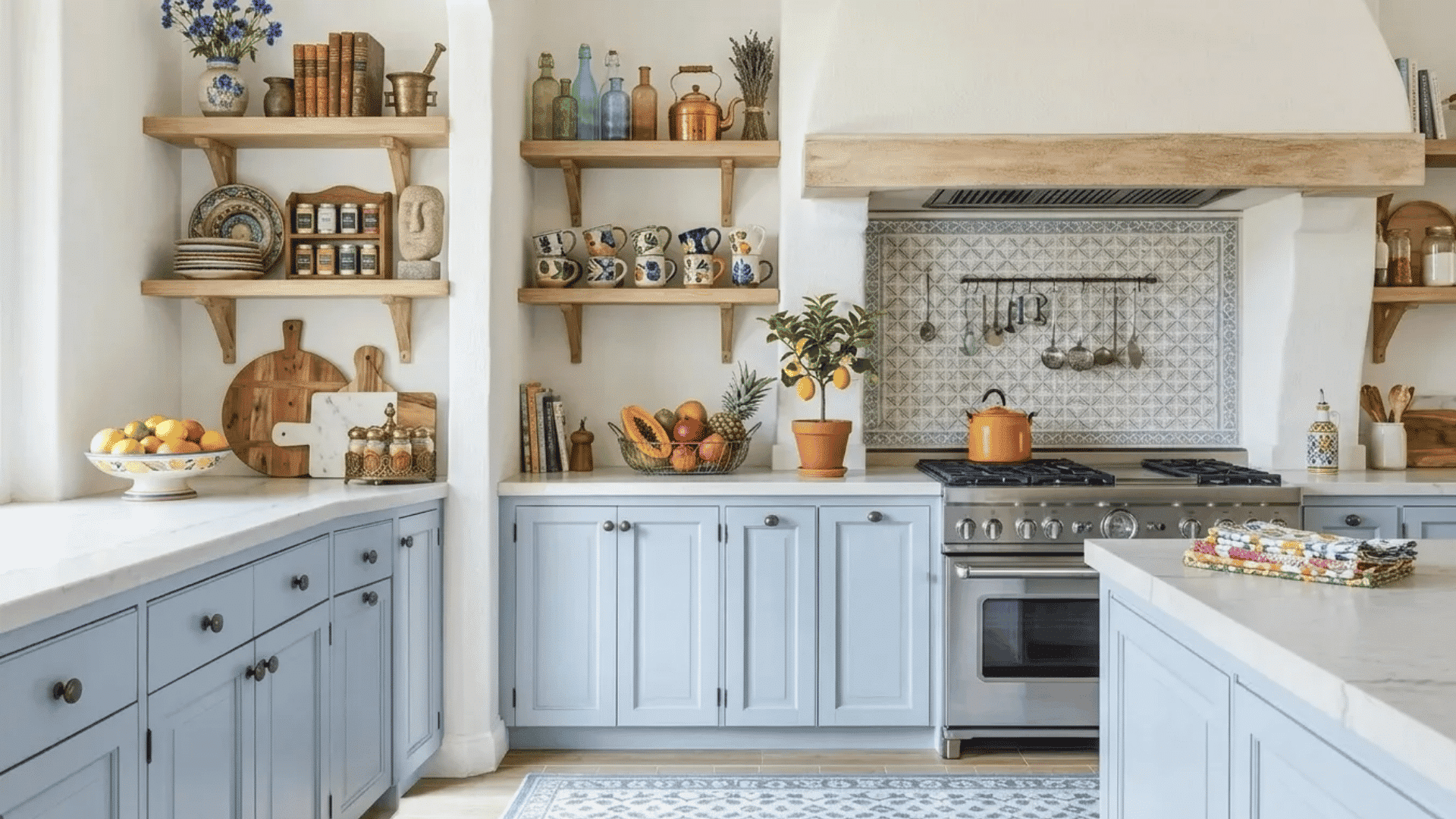 A bright coastal kitchen with soft blue cabinets, open wooden shelves, colorful ceramic mugs, and natural decor accents.