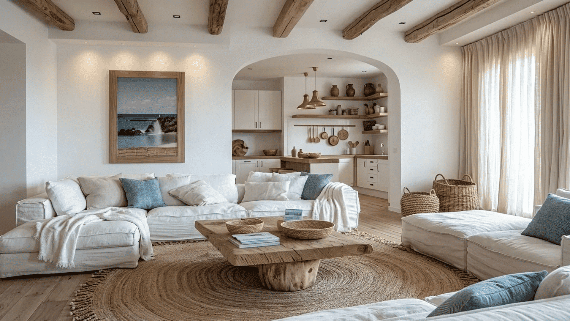A bright coastal living room featuring soft white sofas, a large wooden coffee table, and natural woven textures.