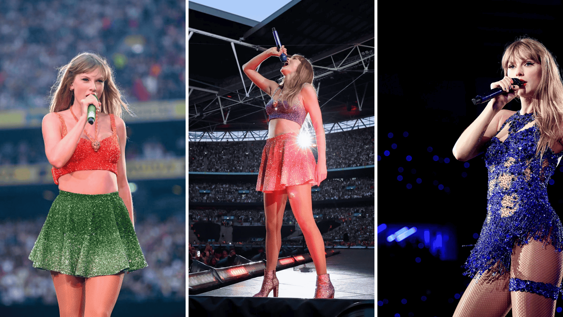 A collage of three photos showing Taylor Swift performing on stage in green, pink, and blue sparkling outfits