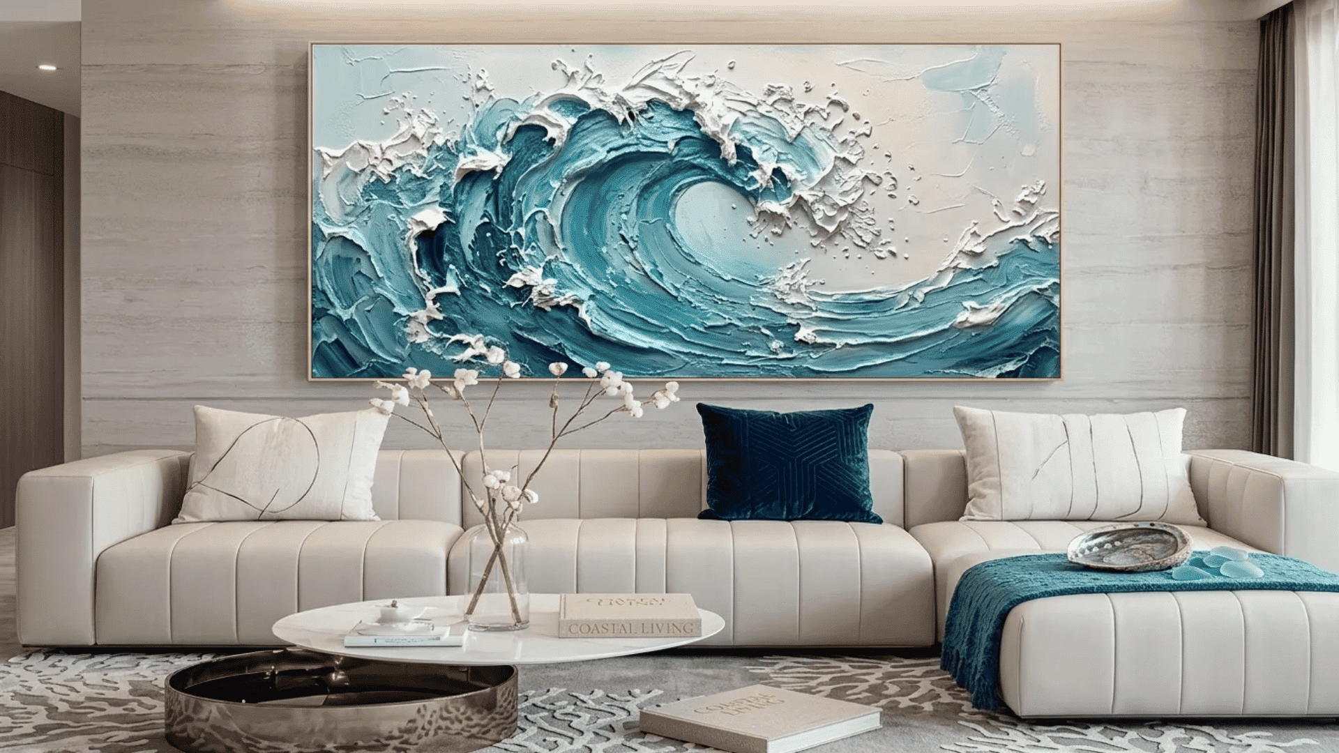 A modern coastal living room with a textured wave painting, soft white sofa with blue and neutral pillows, and a stylish coffee table