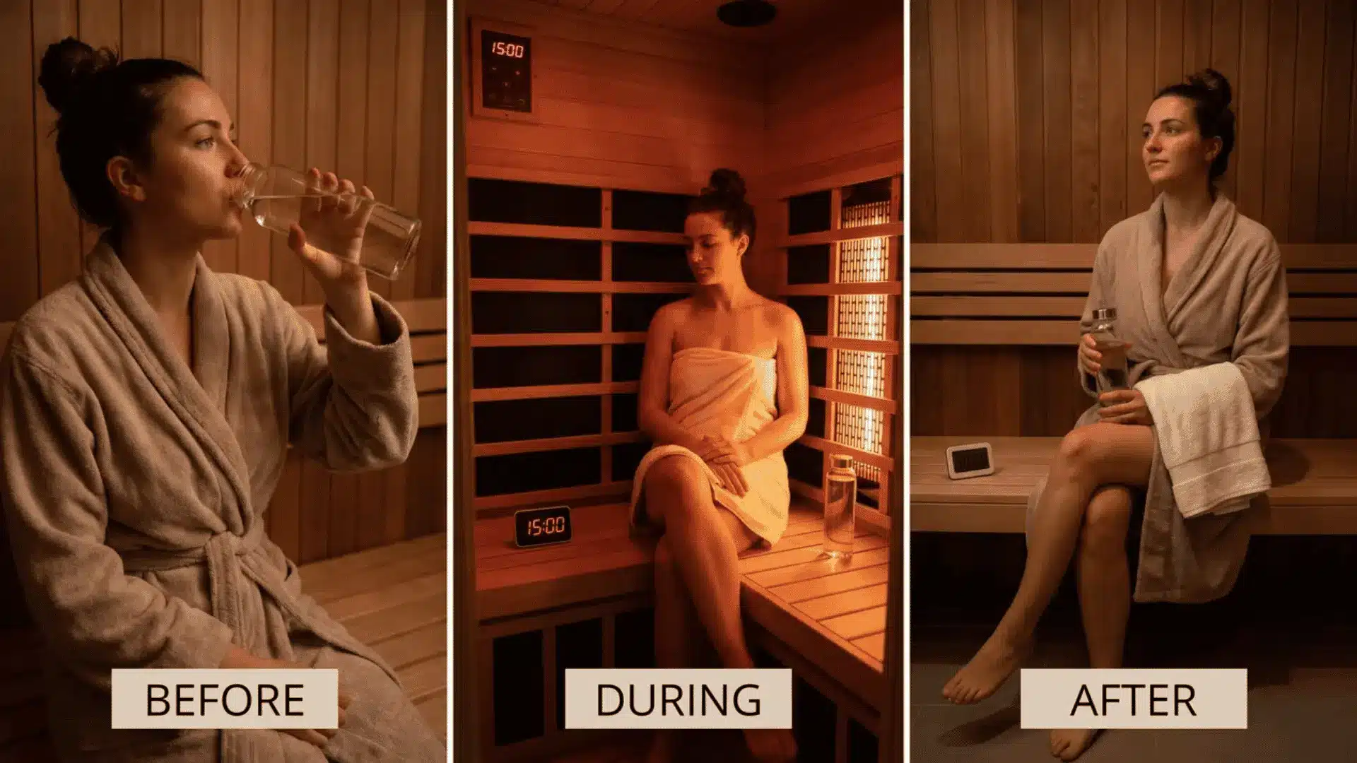 A person in an infrared sauna with water bottles and a timer, emphasizing hydration and proper sauna use for detox.