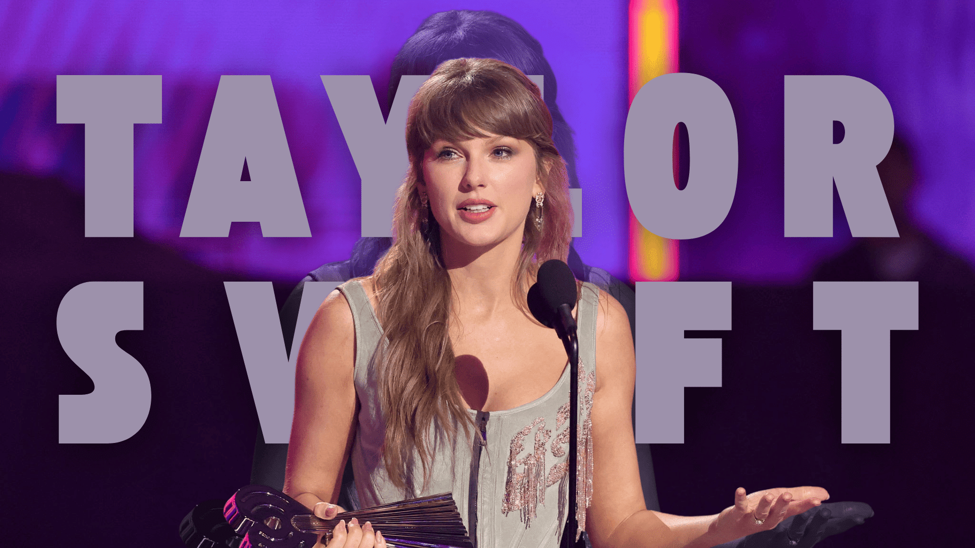 A photograph of Taylor Swift, with the text Taylor Swift in the background