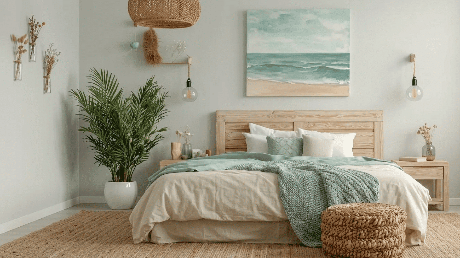 A serene coastal bedroom featuring soft green and beige bedding, a woven rug, and natural wood furniture.