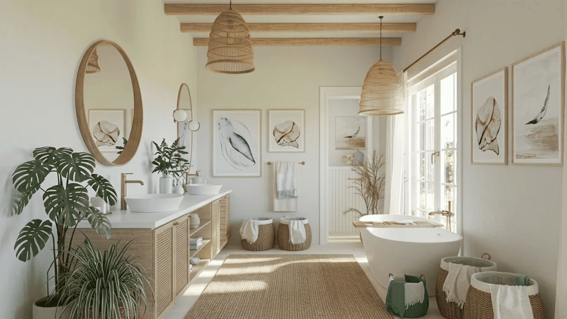 A tranquil coastal bathroom with natural textures, featuring a freestanding tub, woven baskets, and a large round mirror.