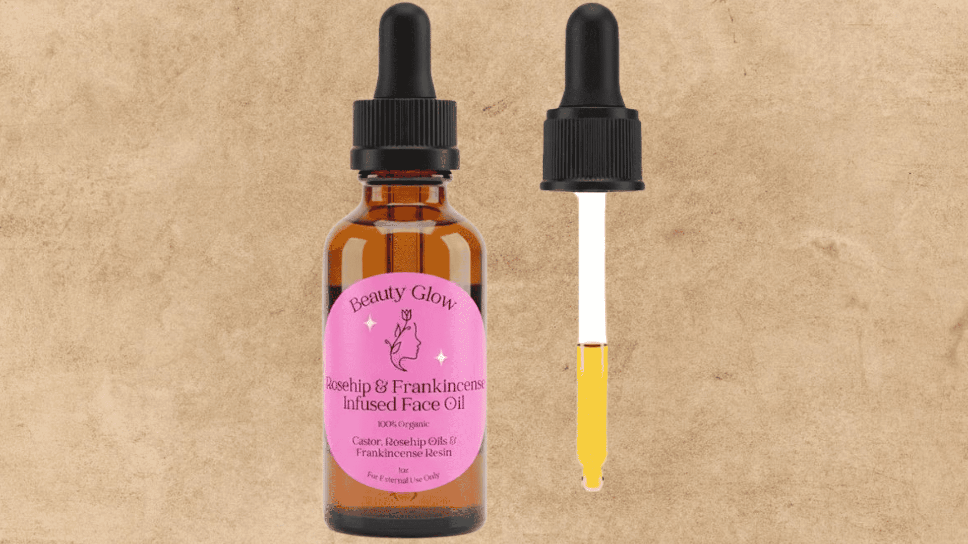 Amber glass bottle of rosehip and frankincense face oil with a dropper applicator beside it