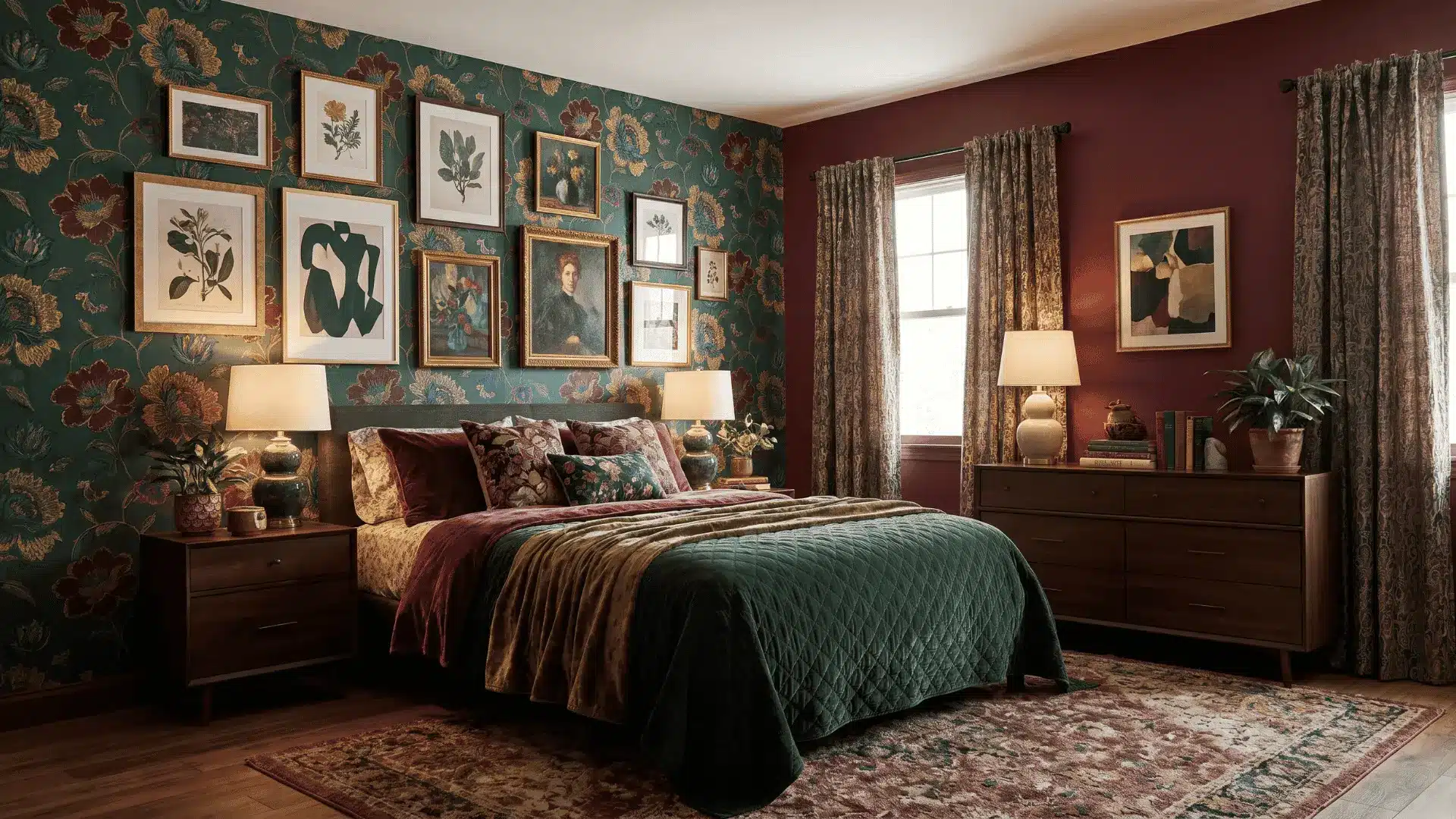 Bedroom wiBedroom with dark accent wall, layered artwork, and rich colored fabrics.th upholstered headboard, carved bed frame, and layered bedding.