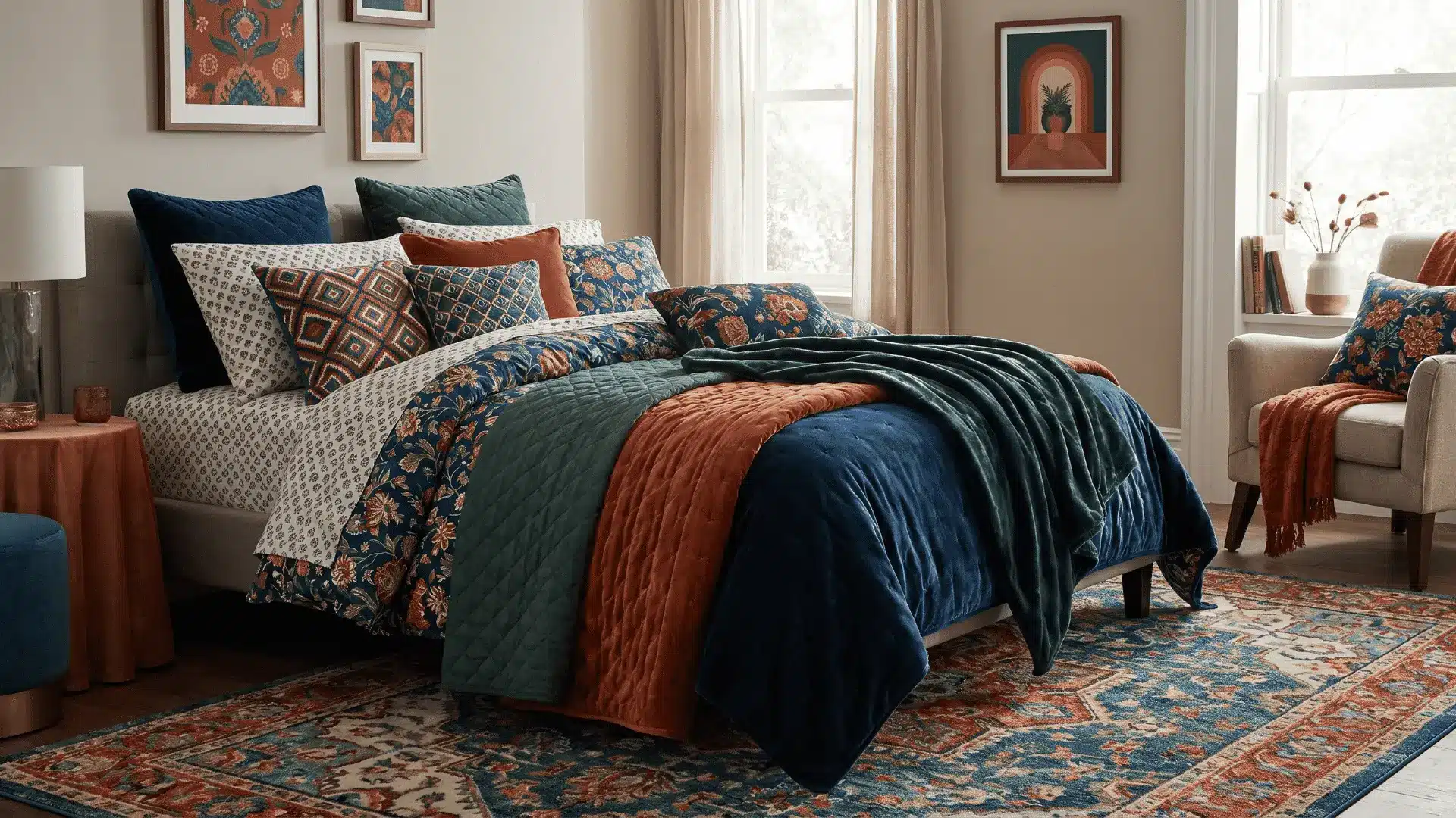 Bedroom with layered bedding, velvet blankets, decorative pillows, and patterned textiles.