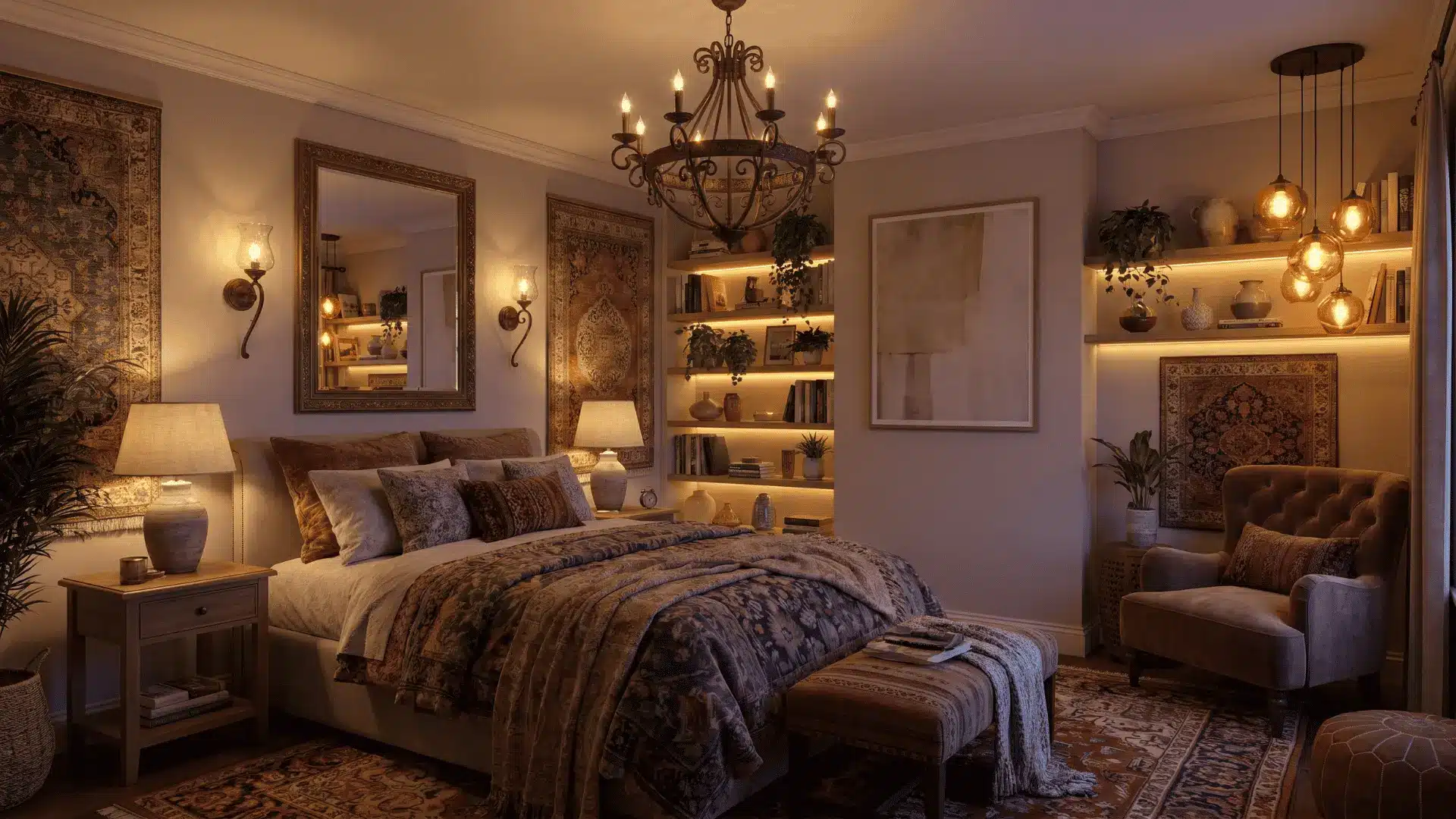 Bedroom with layered lighting, table lamps, chandelier, and warm ambient light.