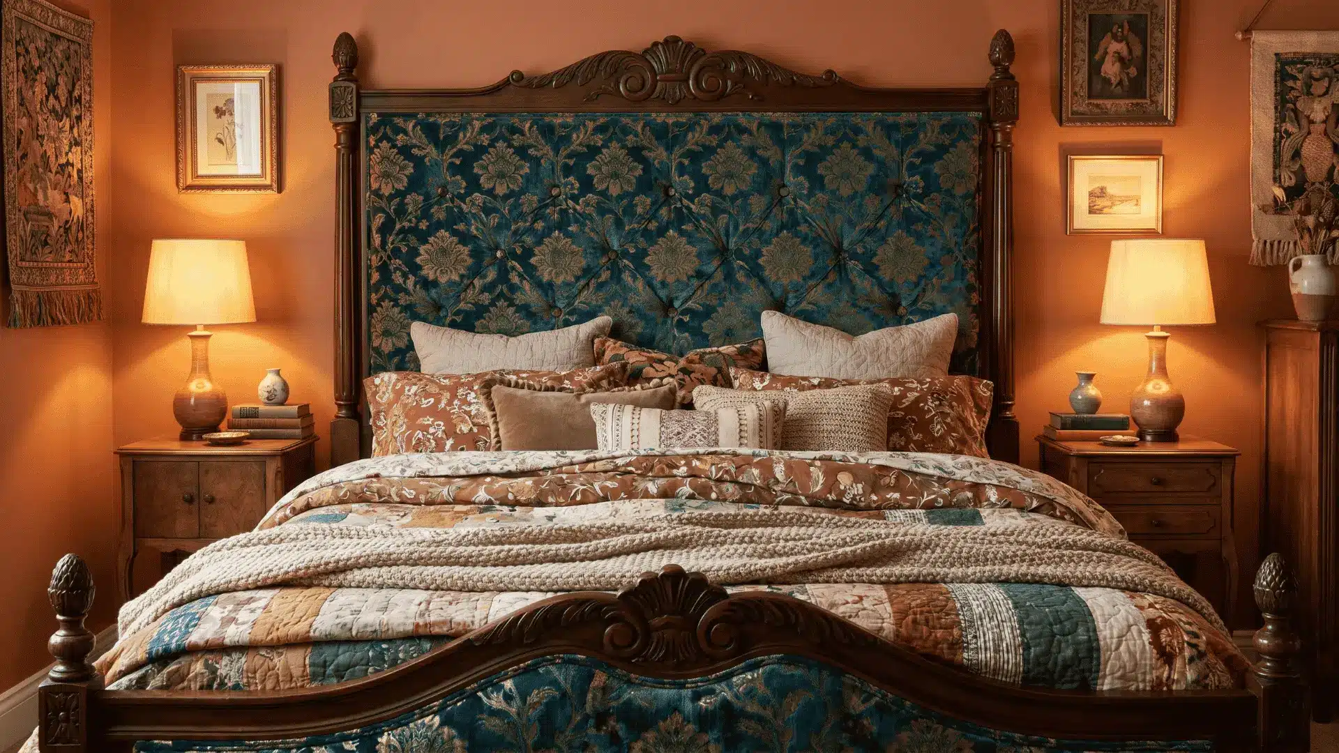 Bedroom with upholstered headboard, carved bed frame, and layered bedding.