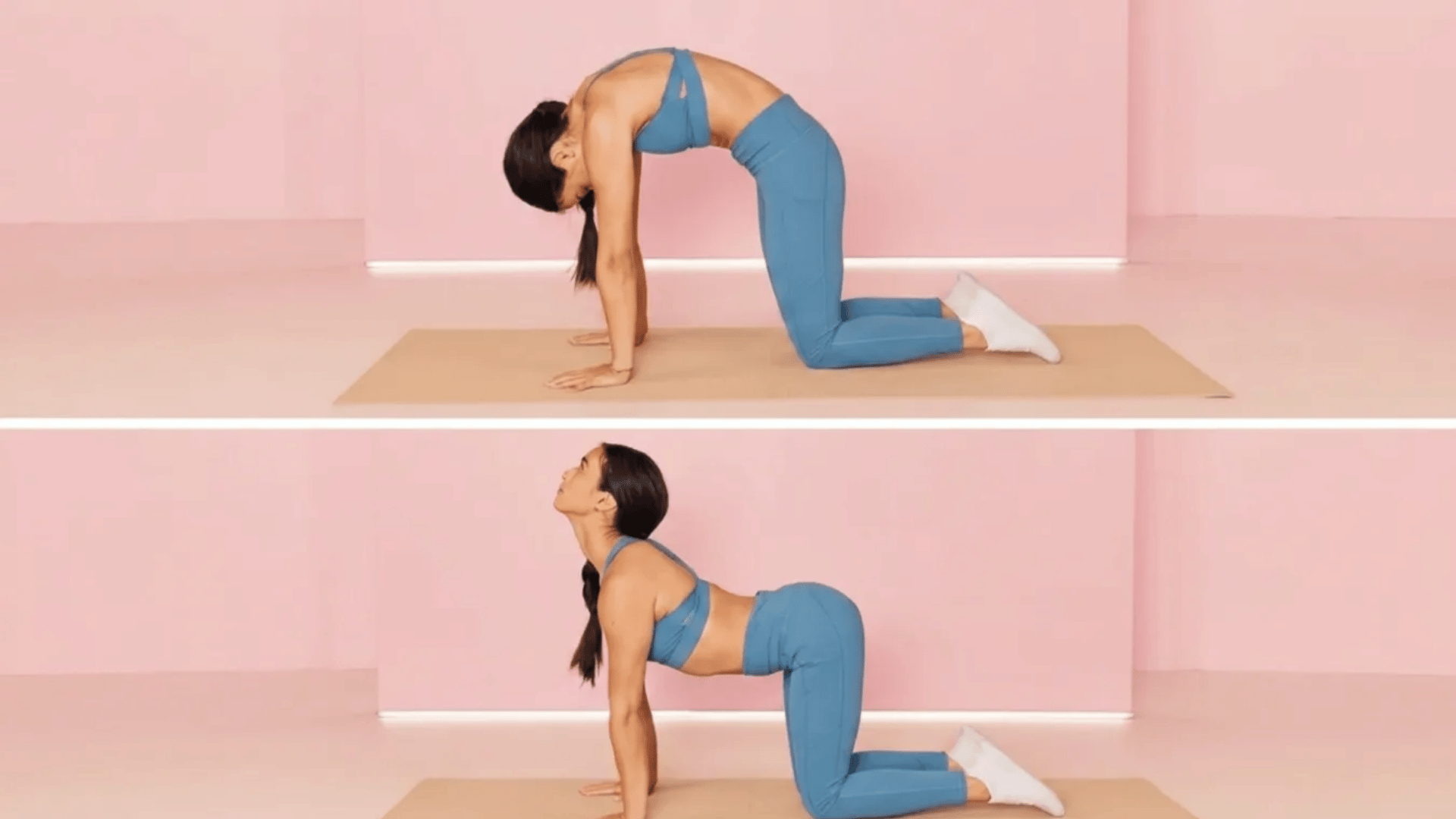 Cat-Cow stretch sequence top shows rounded spine (Cat), bottom shows arched back and lifted chest (Cow) on a mat against a pink background.