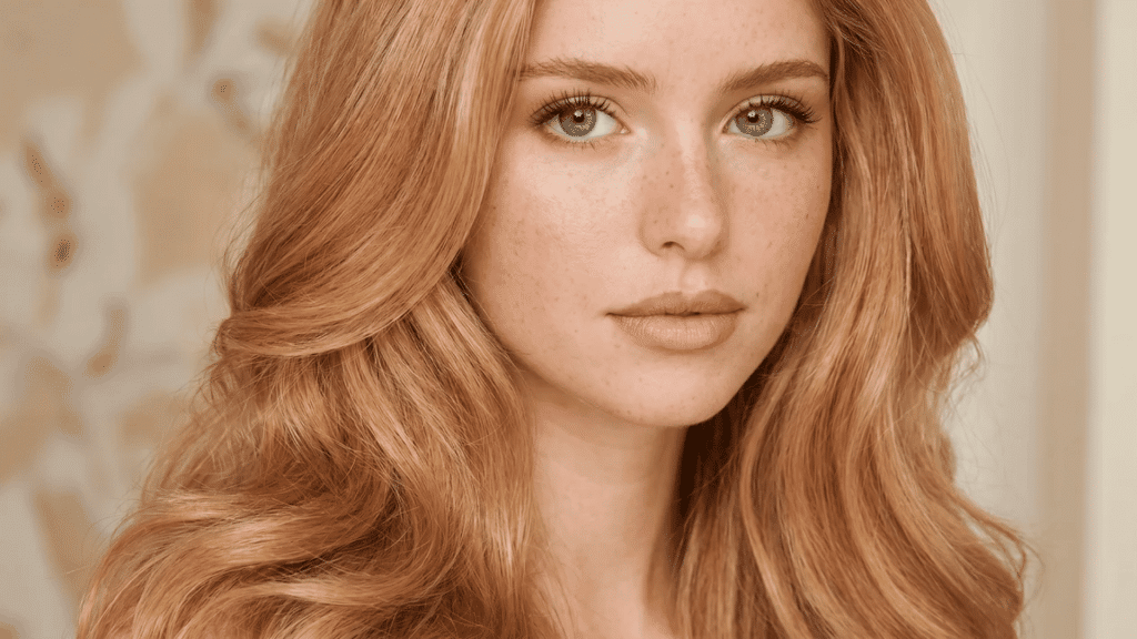 Close-up of a woman with warm copper-blonde hair, soft waves, natural freckles, and minimal makeup against a light neutral background.