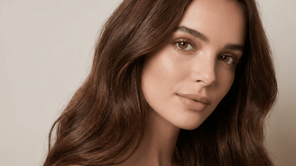 Close-up of a woman with warm-toned chocolate brown wavy hair, glowing skin, and soft natural makeup against a neutral background.