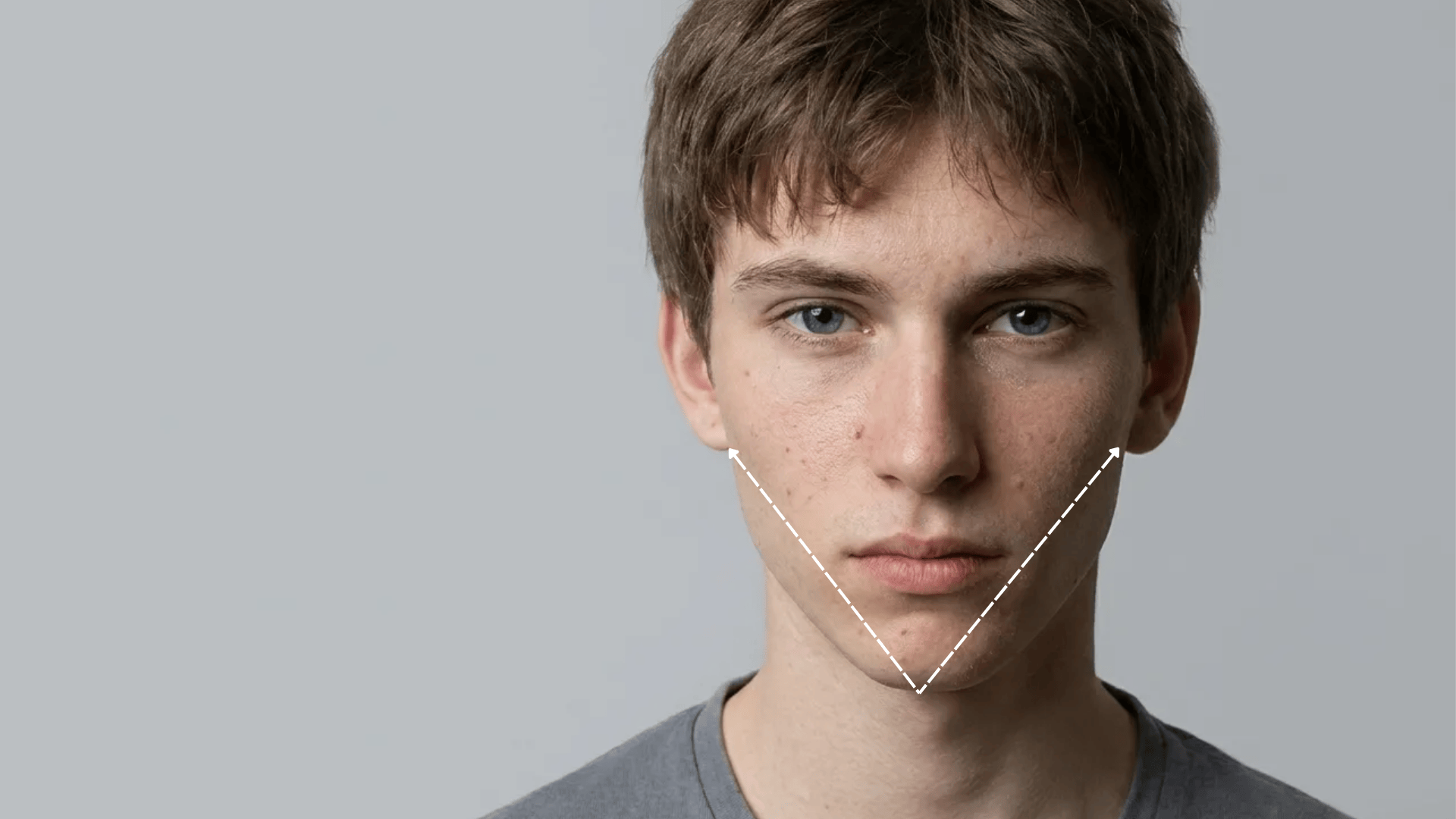 Close-up of a young person with short hair and visible acne, with a dashed V-shape line highlighting the jawline and chin structure.