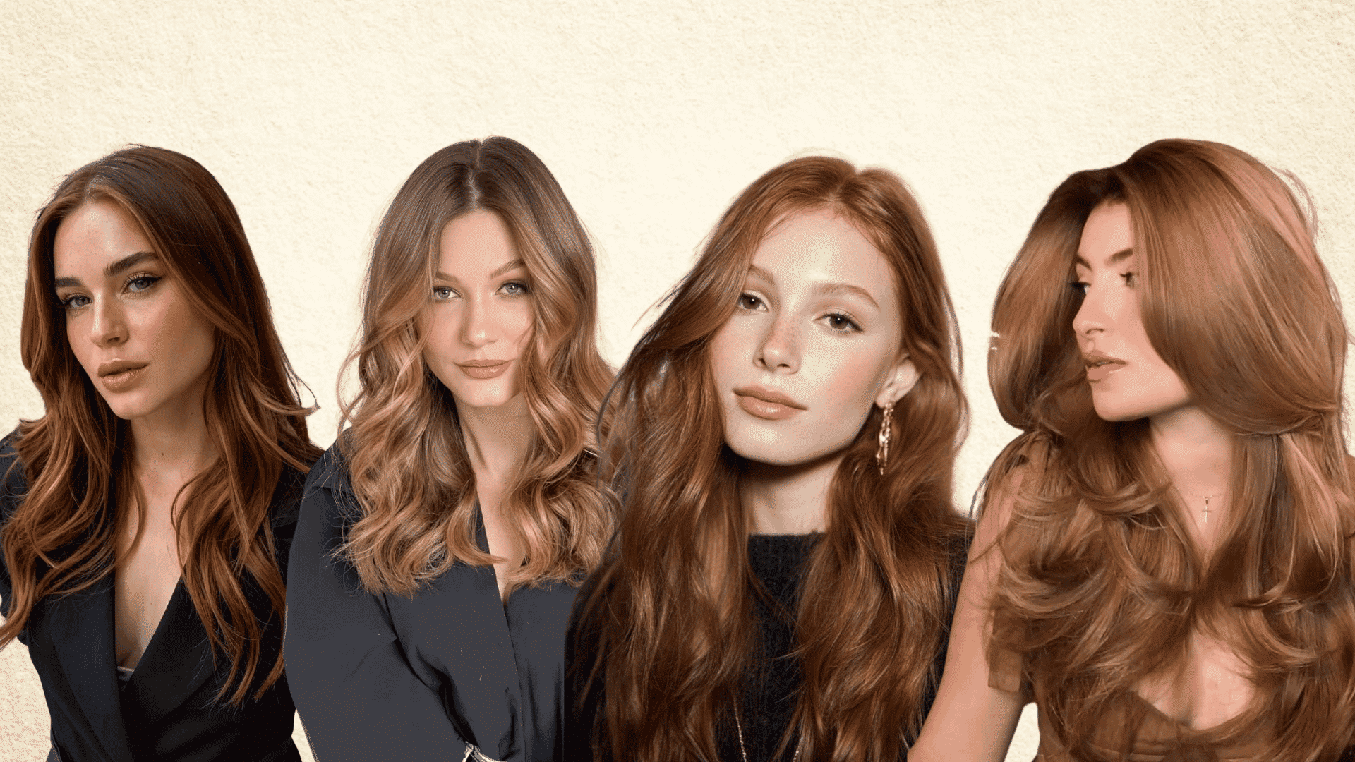 Collage of four women with warm-toned hair colors including auburn, honey blonde, copper, and caramel brown, each styled in soft waves against a neutral background.