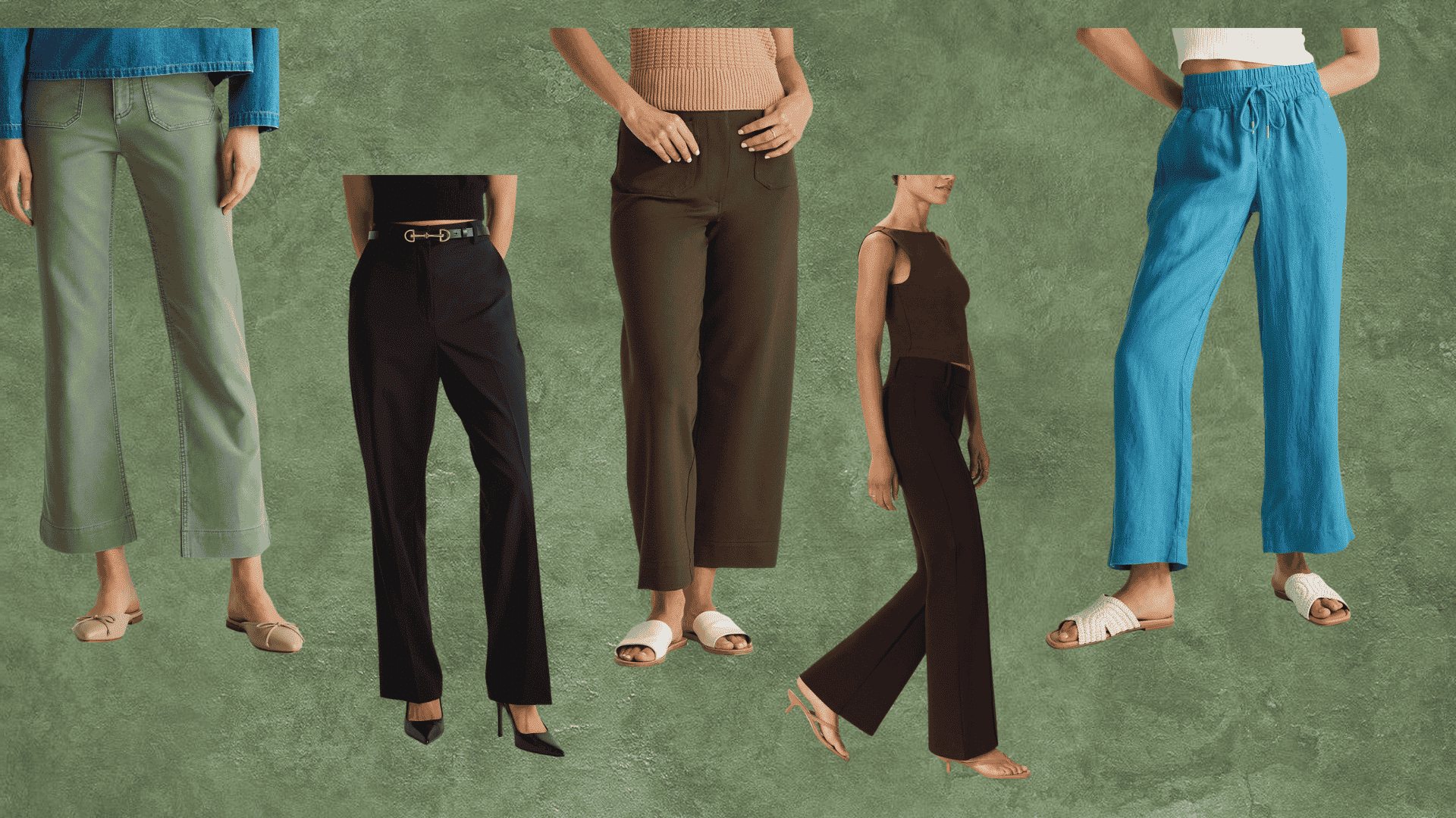 Collection of women’s pants in different styles and colors, including green wide-leg pants, black tailored trousers, olive cropped pants, brown flared pants, and bright blue relaxed-fit pants, sho