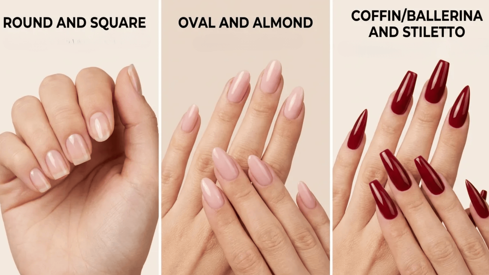 Comparison of nail shapes showing round and square, oval and almond, and coffinballerina with stiletto styles on different manicured hands.