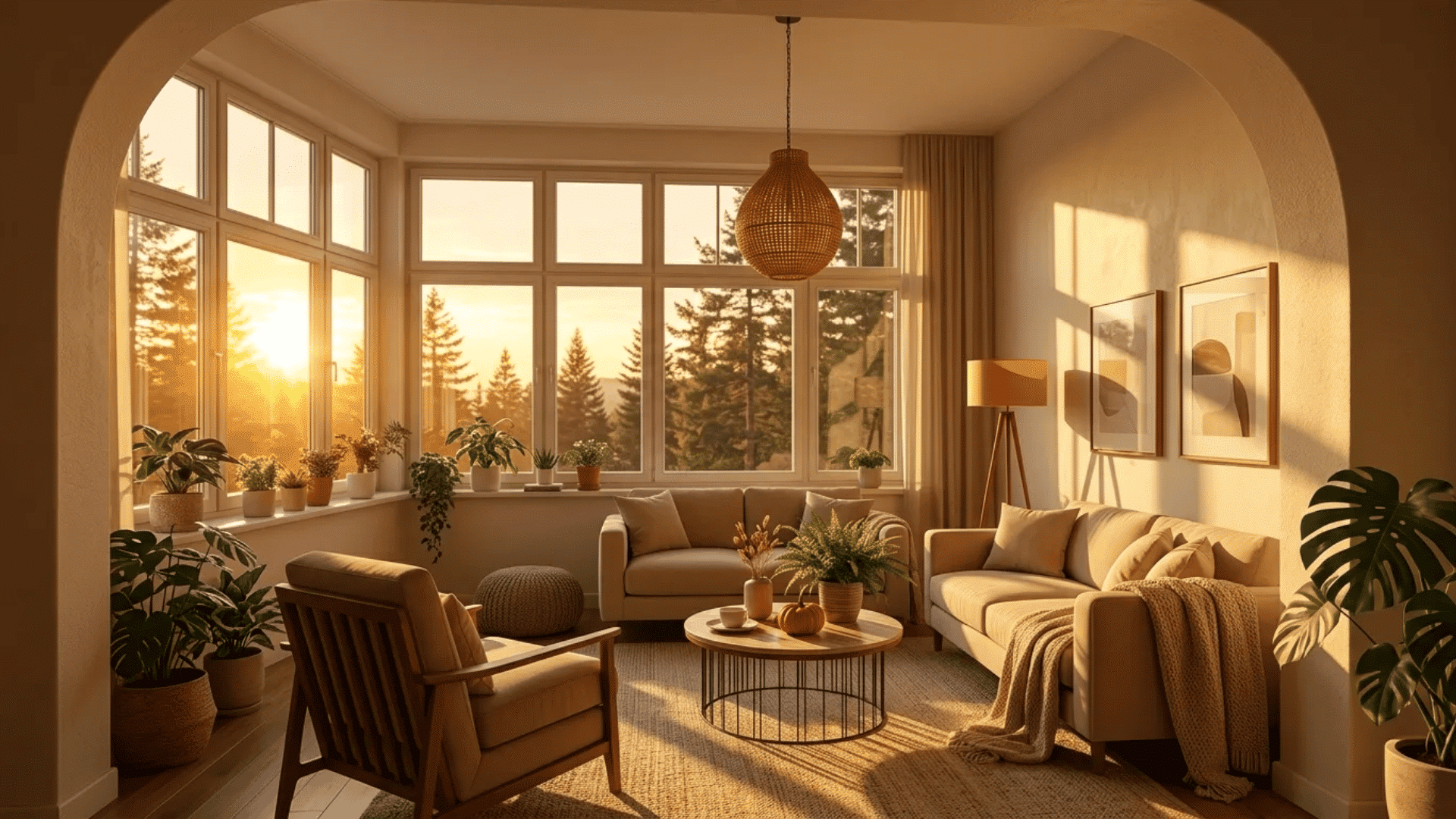 Cozy living room with warm sunset lighting, neutral furniture, indoor plants, woven pendant light, and large windows with a forest view.