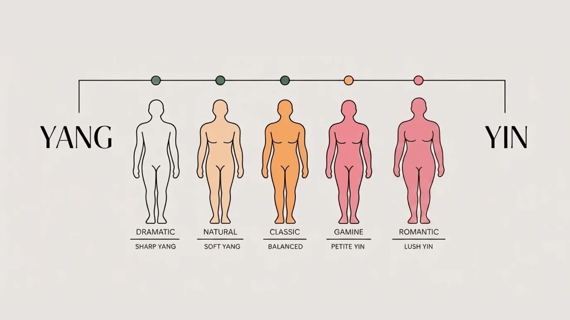 Diagram showing five Kibbe families from Yang to Yin Dramatic, Natural, Classic, Gamine, and Romantic.