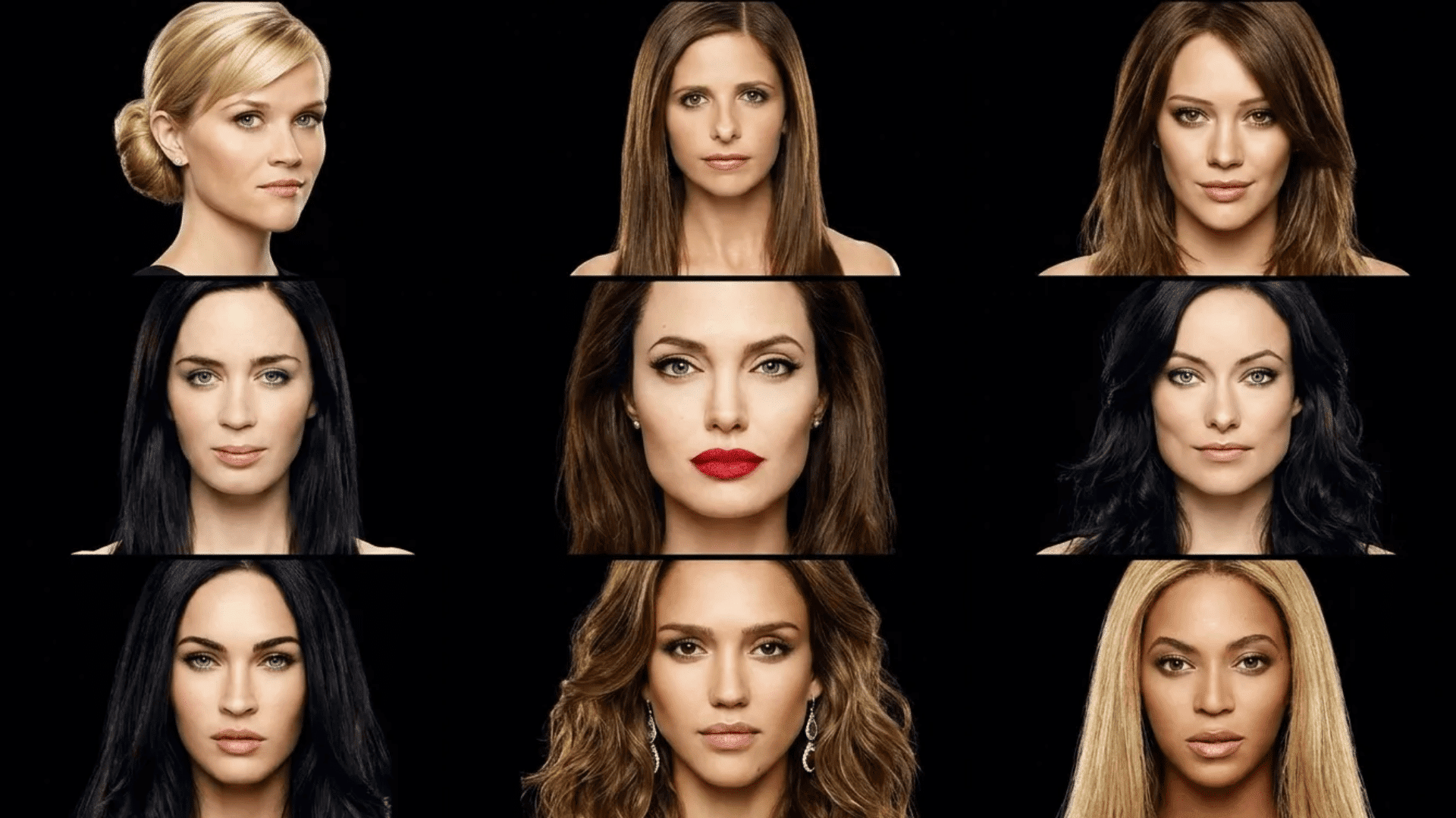 Grid of nine women with different hairstyles and makeup looks, shown against a black background, featuring a mix of blonde, brunette, and black hair colors with styles ranging from sleek straight