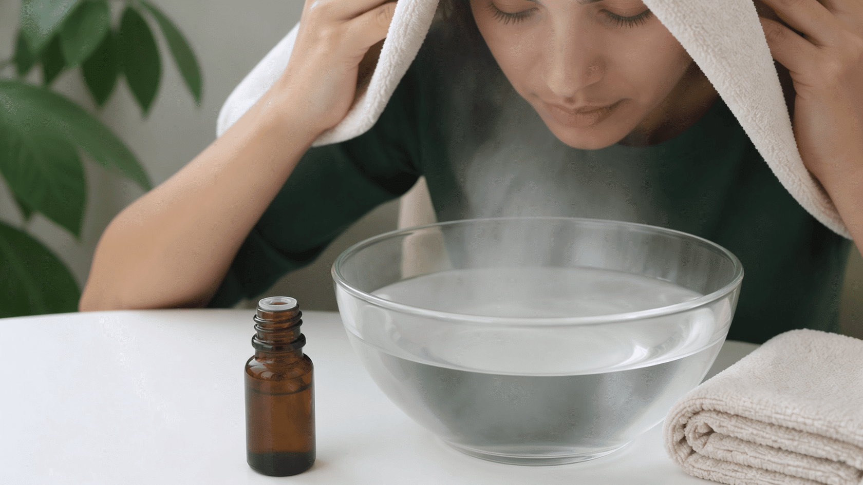 Helichrysum oil beside a bowl of steaming water and towel for steam inhalation use