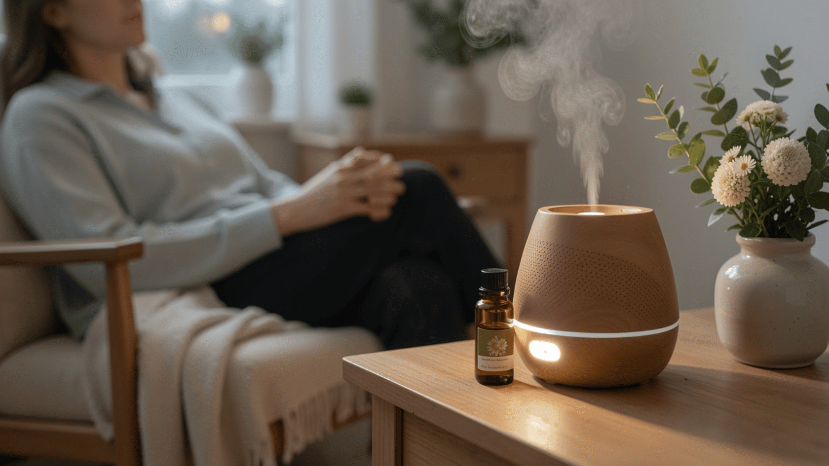 Helichrysum oil bottle next to a diffuser releasing mist on a bedside table