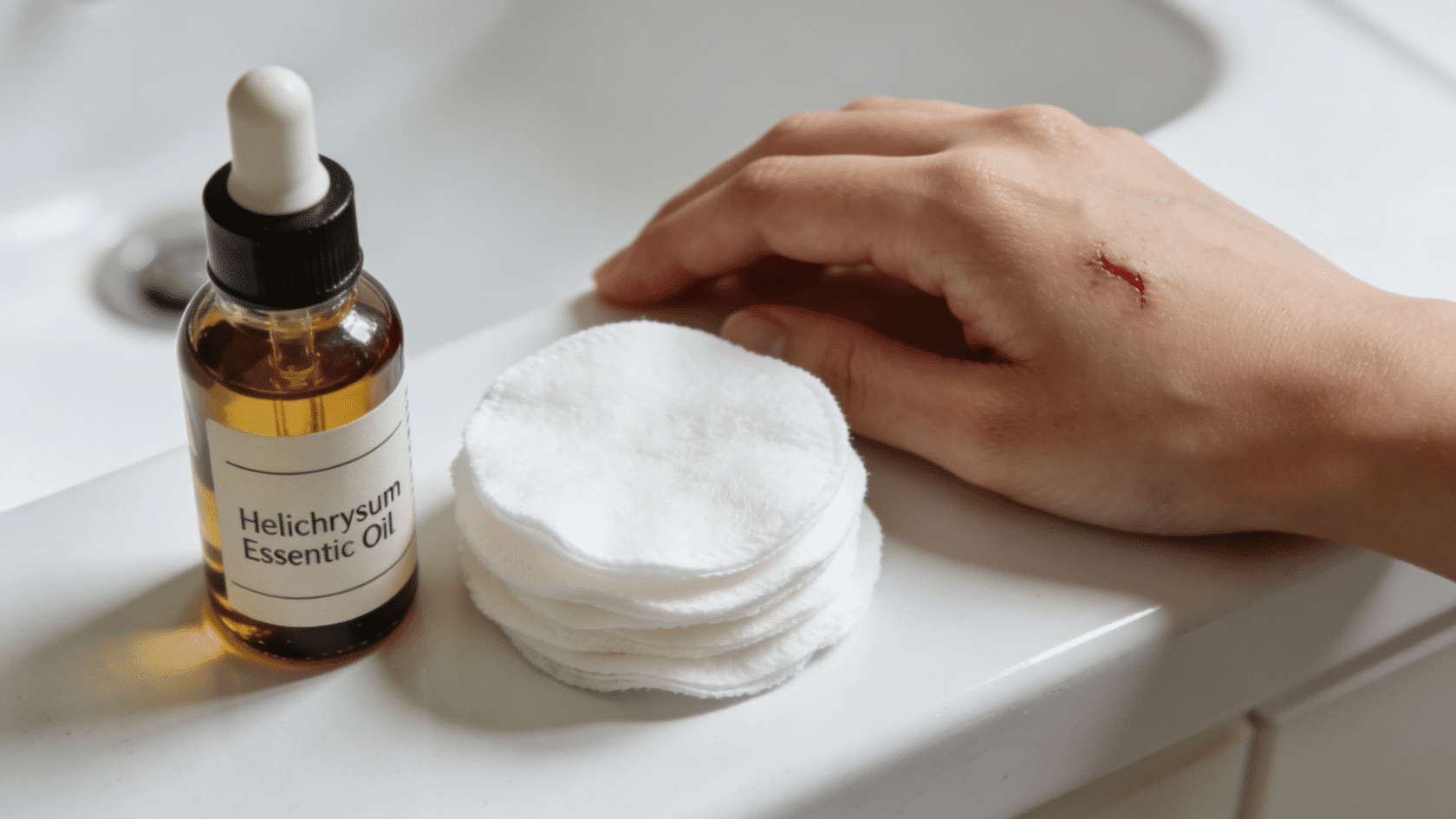 Helichrysum oil with cotton pads and a hand on a clean counter