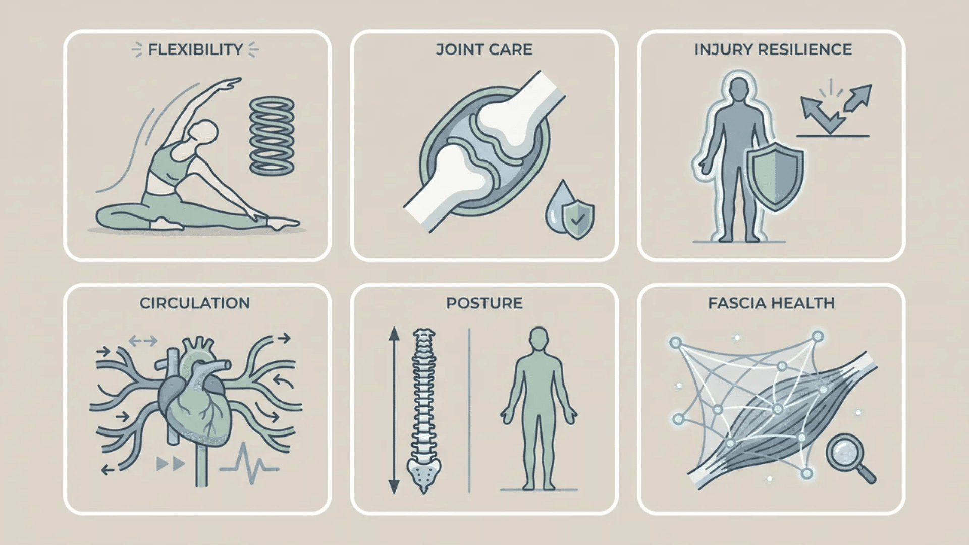 Infographic showing six physical benefits of yin yoga flexibility, joint care, injury resilience, circulation, posture, and fascia health.