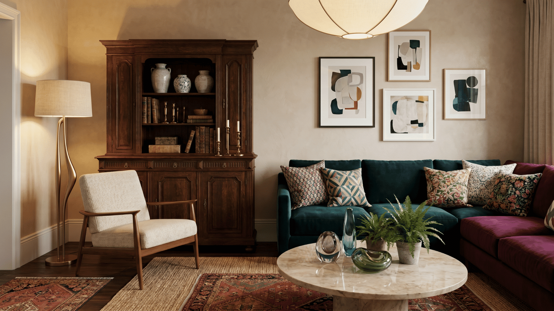 Interior mixing antique furniture with modern decor and seating