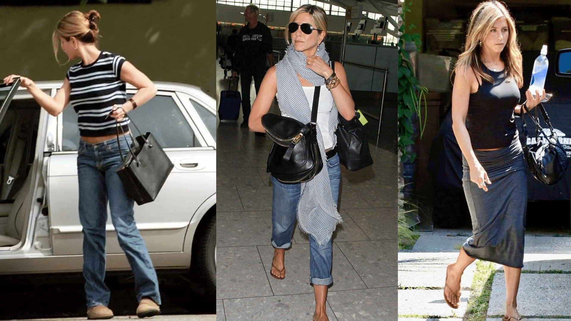 Jennifer Aniston in casual street style striped crop top with jeans, tank and scarf with rolled denim, and black tank with soft wrap skirt.