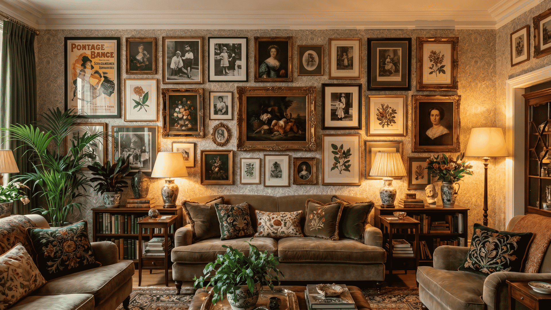 Maximalist interior with layered gallery walls and mixed framed artwork