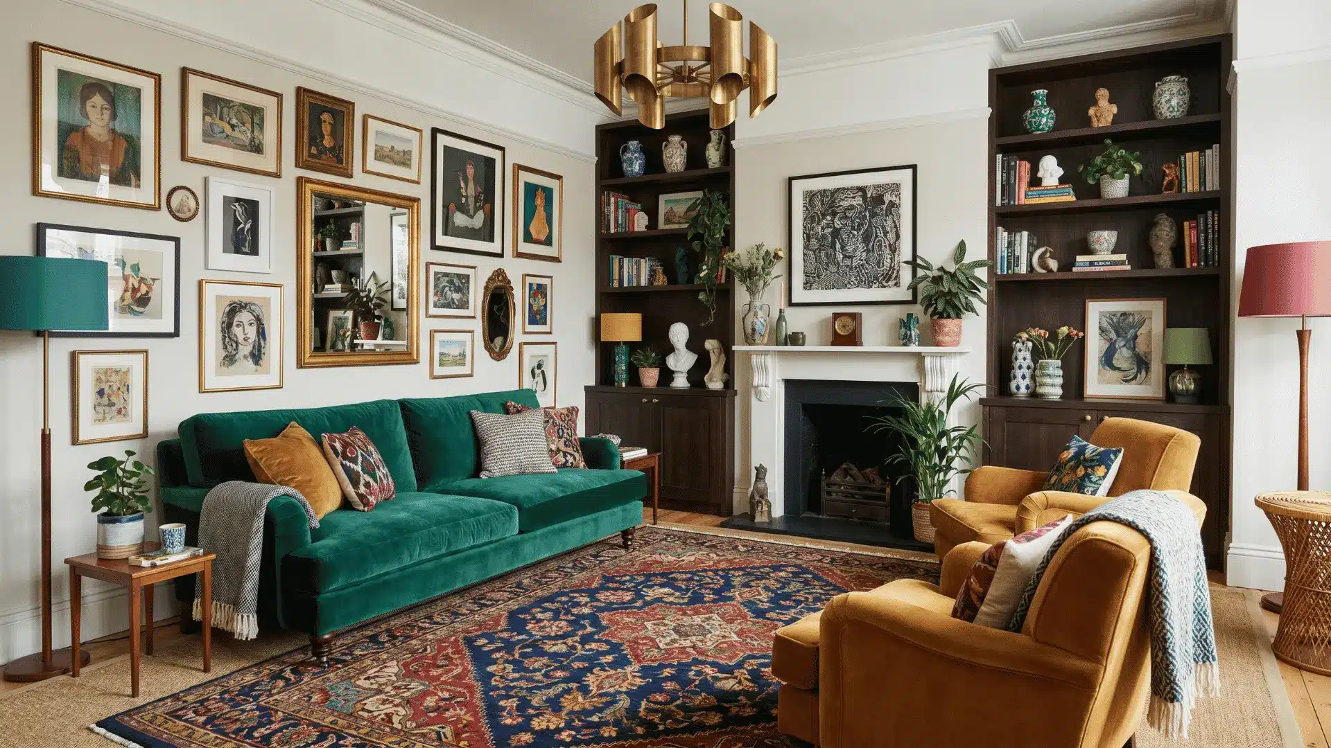 Maximalist living room with layered decor, bold colors, gallery wall, velvet seating, and shelving.