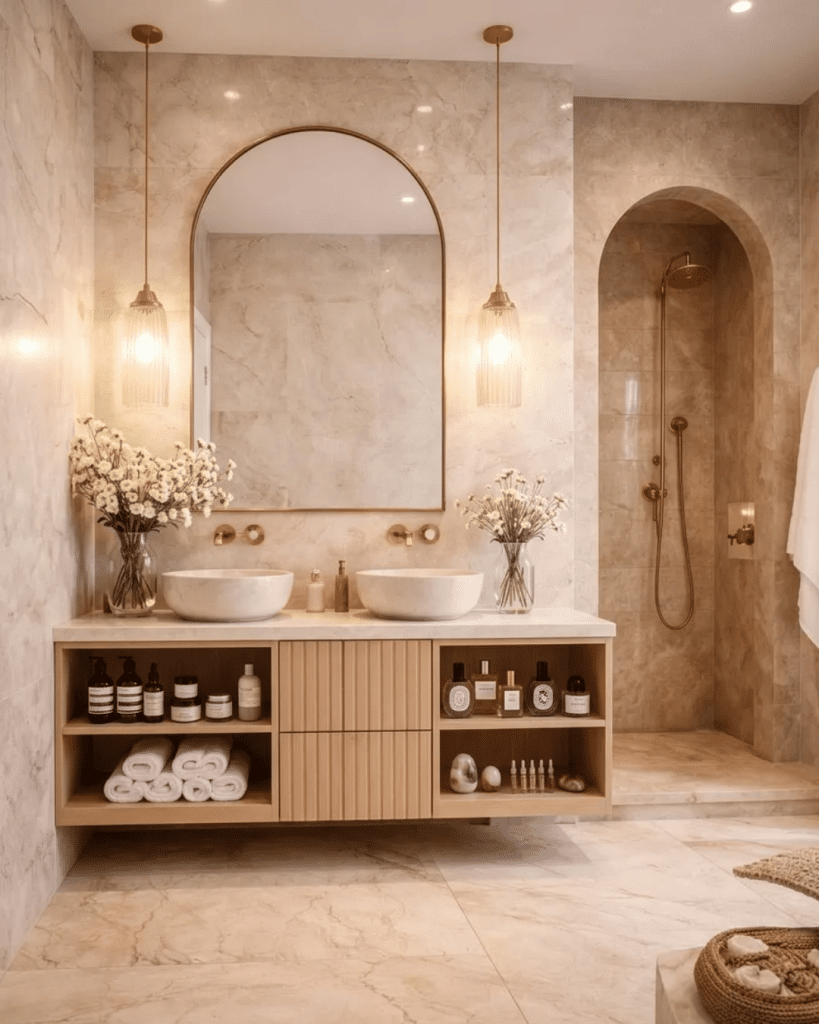 Modern beige bathroom with marble walls, double vessel sinks, warm pendant lighting, arched mirror, open wood vanity, and spa-style shower alcove.