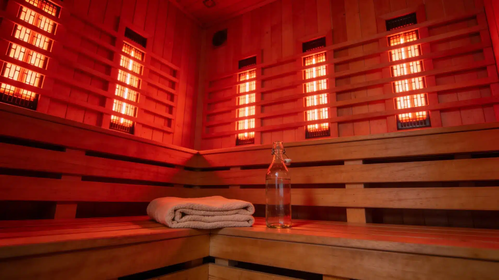 Modern infrared sauna with warm red lighting, wooden benches, towel, and water bottle in a calm wellness setting.