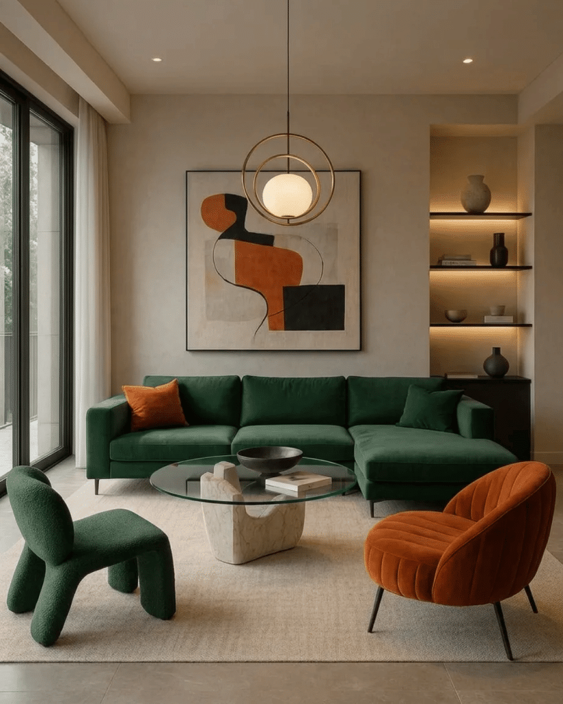 Modern living room with a green sectional sofa, burnt orange accent chairs, abstract wall art, warm shelving lights, and a glass coffee table.