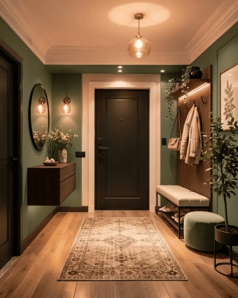 Moody entryway with deep green walls, warm lighting, wood accents, patterned runner rug, floating console, and built-in bench seating.
