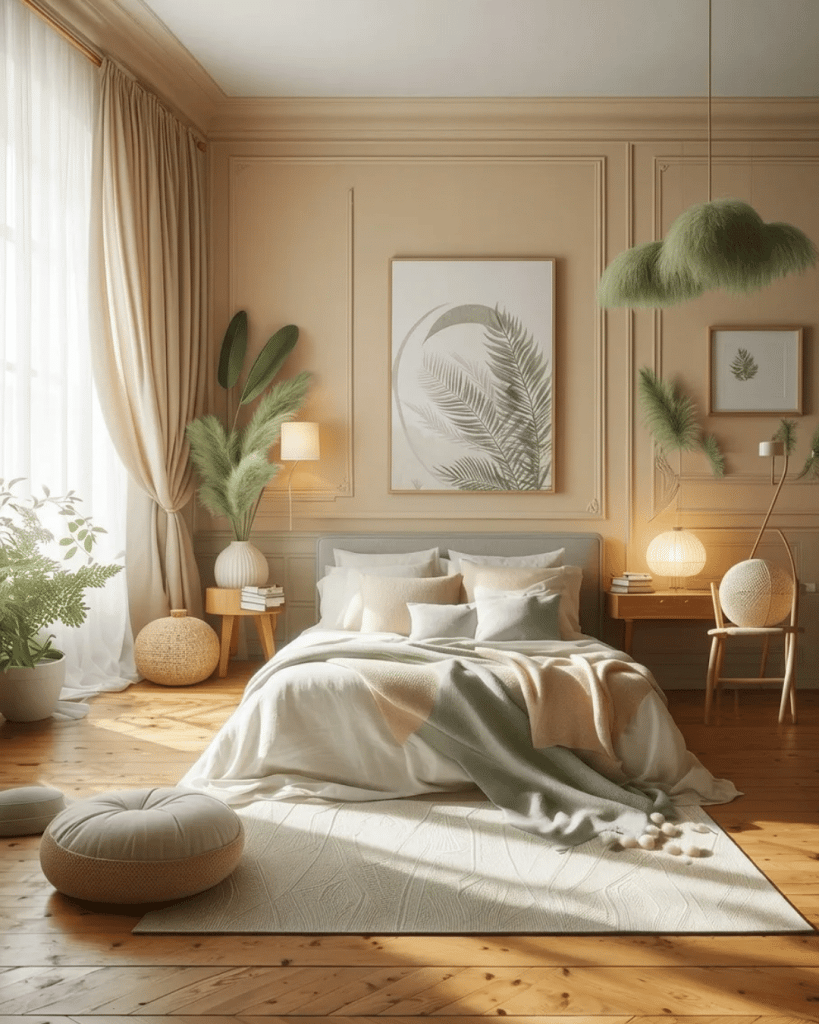 Neutral bedroom with layered bedding, soft beige wall paneling, botanical artwork, indoor plants, warm lighting, and natural wood flooring.