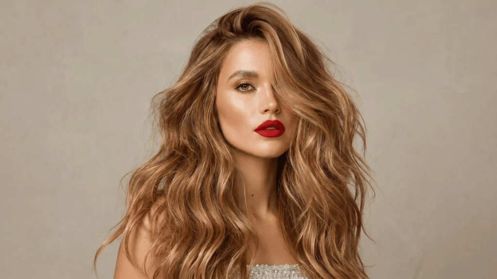 Portrait of a woman with voluminous caramel blonde wavy hair, warm glowing skin, bold red lips, and a neutral studio background.
