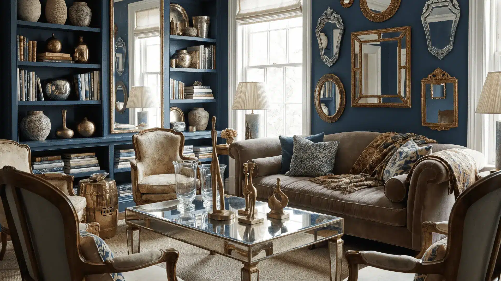Room with decorative mirrors, reflective decor, and layered furniture.