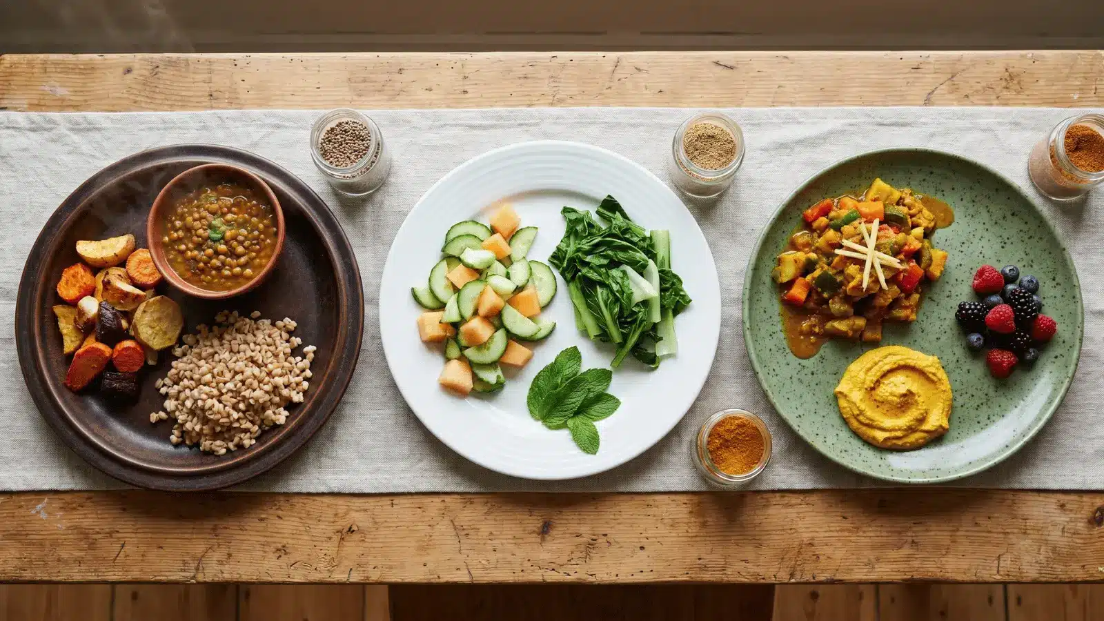Three plates of food representing Vata, Pitta, and Kapha doshas, showing corresponding foods based on the qualities of each dosha.