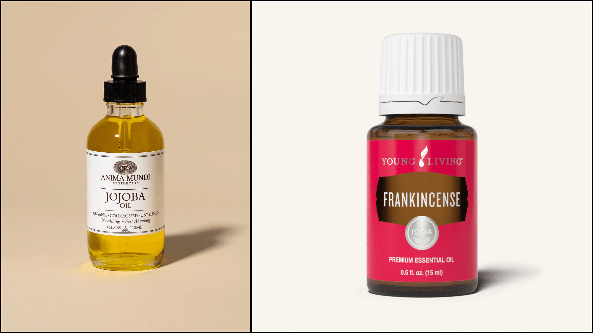 Two bottles of oil, one jojoba oil with a dropper and one frankincense essential oil with a white cap, placed side by side