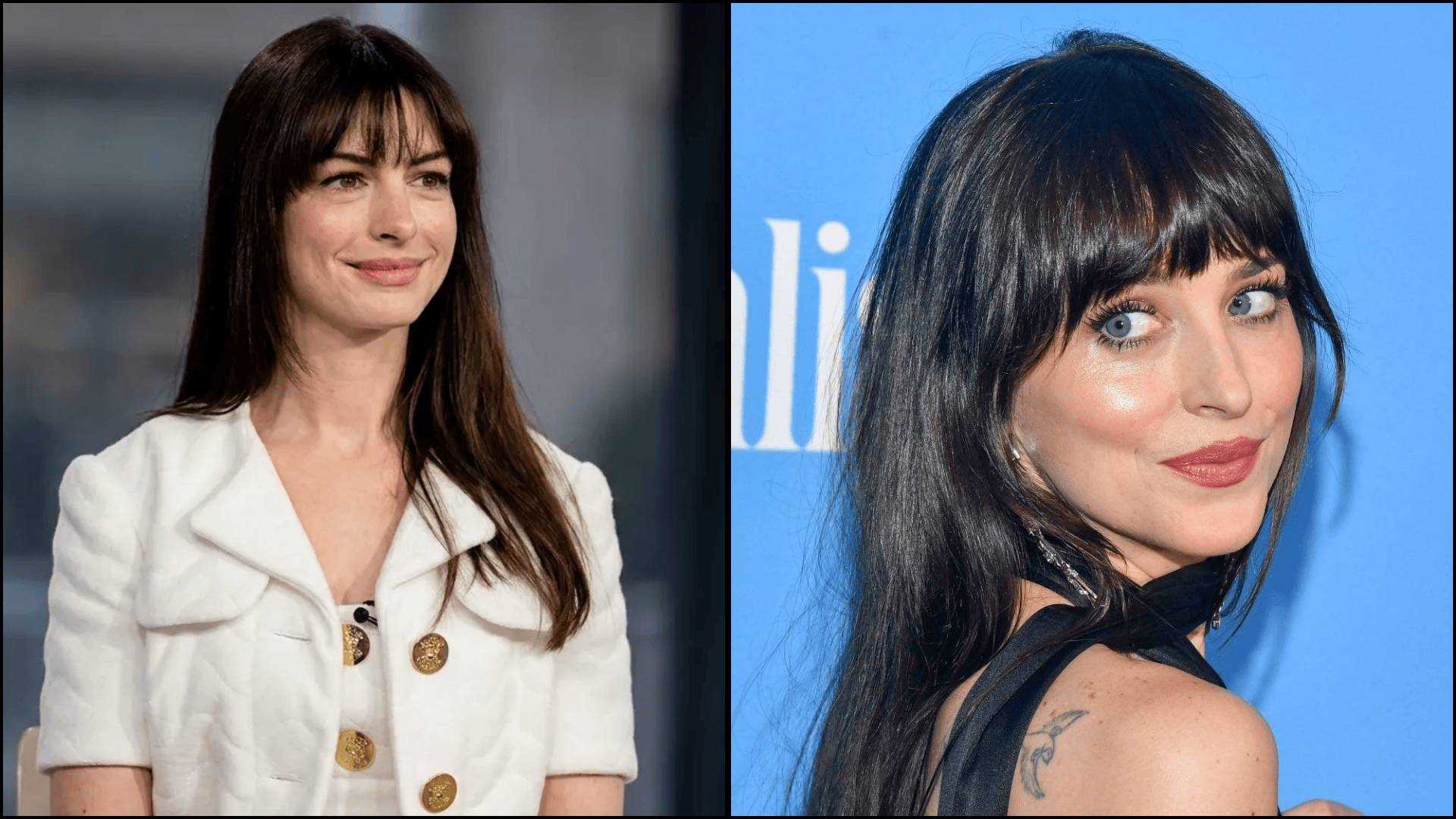 Two women with long dark hair wearing soft, shown in side-by-side portraits with natural makeup and polished styling