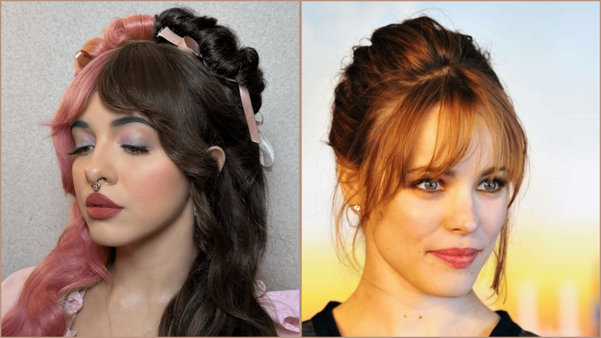 Two women with styled bangs one with soft curtain bangs and two-tone hair, the other with wispy bangs and an updo hairstyle