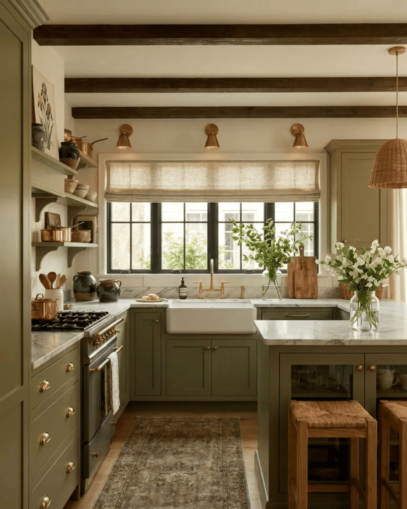 Warm olive green kitchen with wood ceiling beams, brass hardware, farmhouse sink, marble countertops, woven lighting, and open shelving with natural decor.