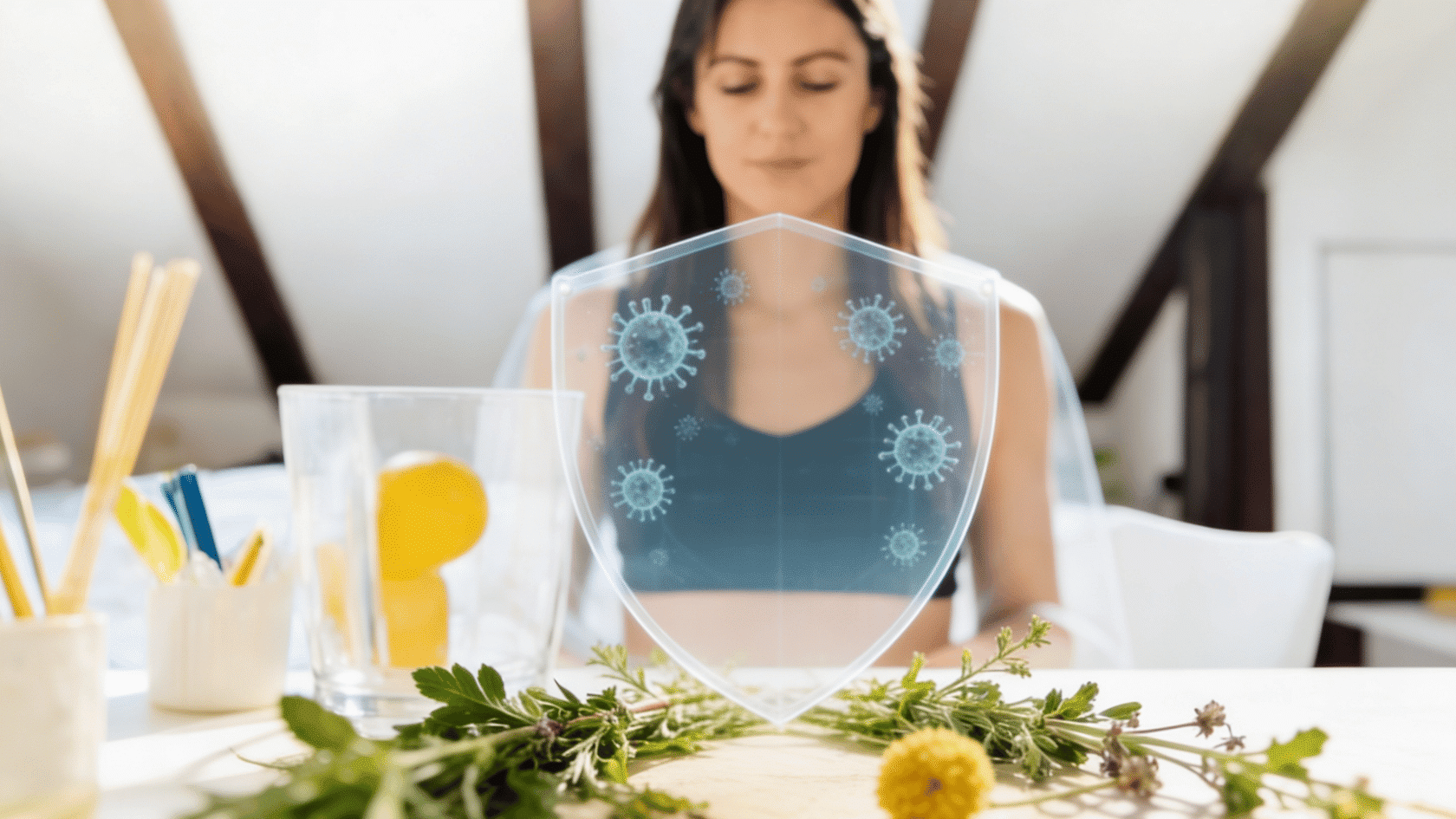 Woman sitting at a table with herbs and a transparent shield graphic showing virus icons in front of her.