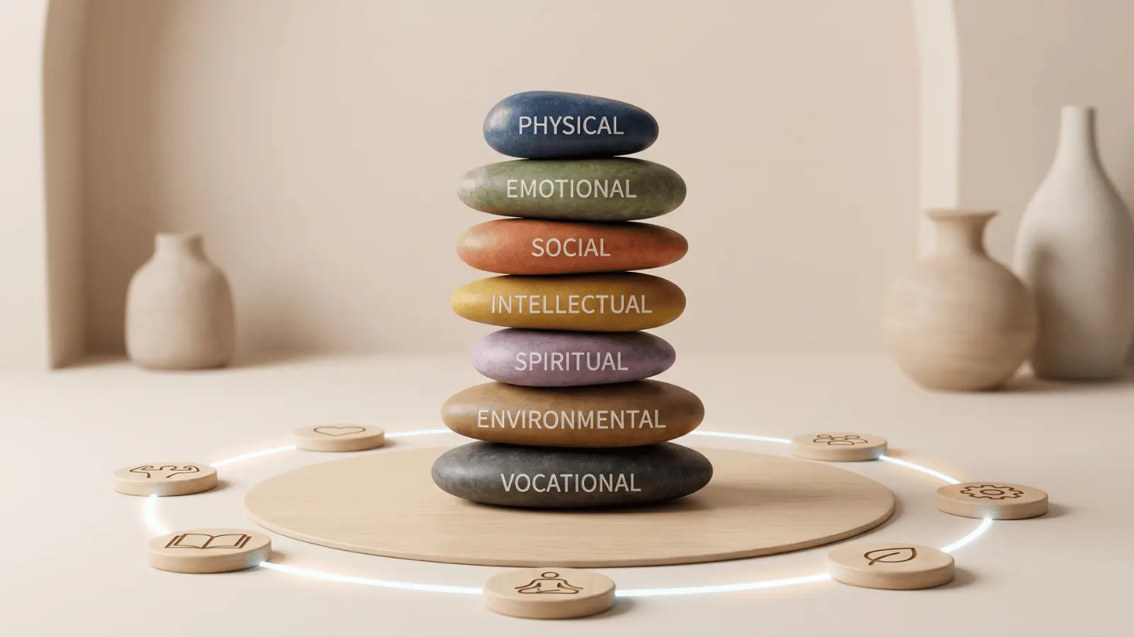 A stack of colorful stones labeled with the 7 dimensions of wellness, connected by glowing lines in a minimalist indoor setting.