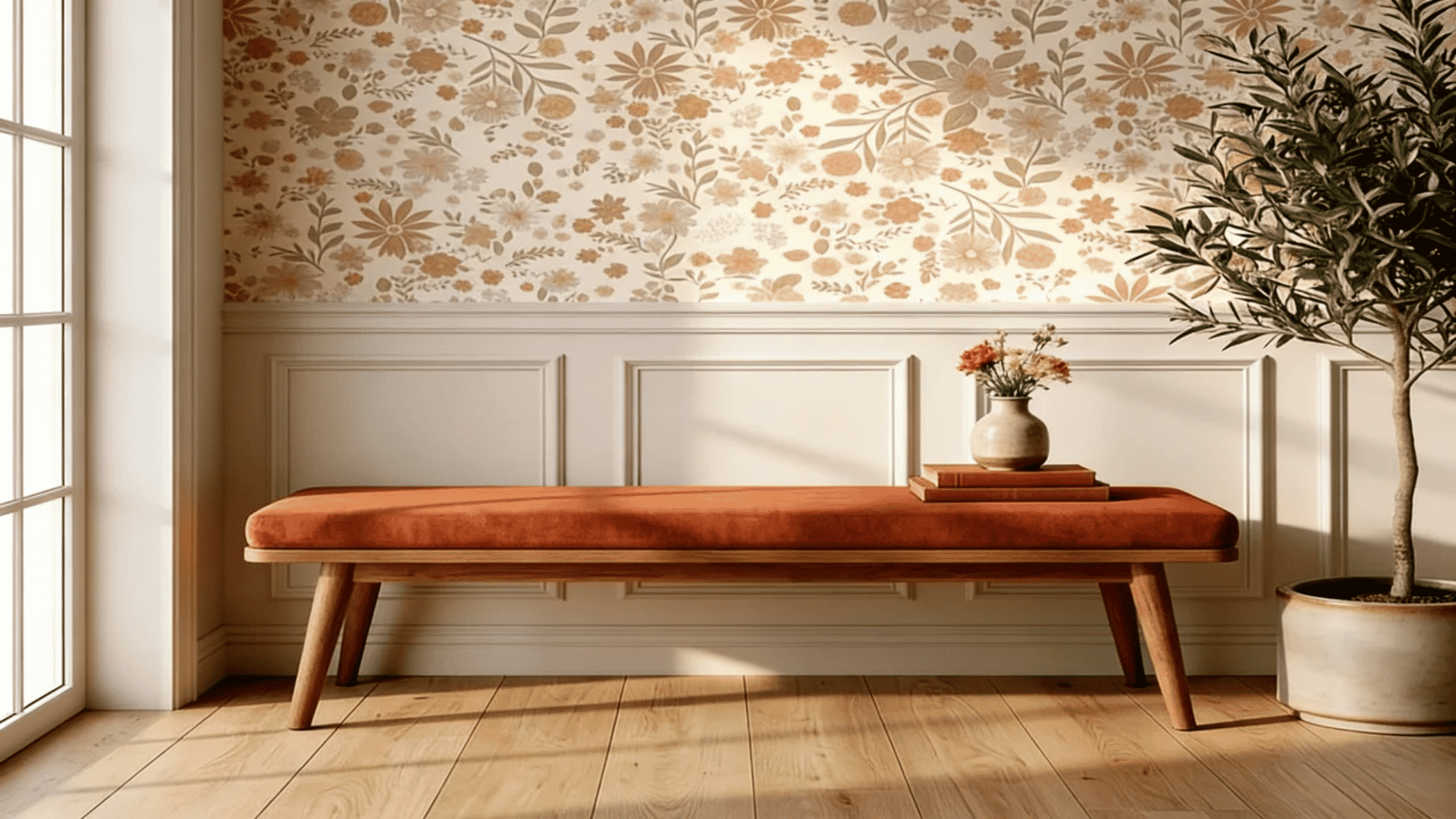 Floral wallpaper accent wall in warm neutral tones above white wainscoting, with a wooden bench, small vase, books, and a potted plant in soft natural light.