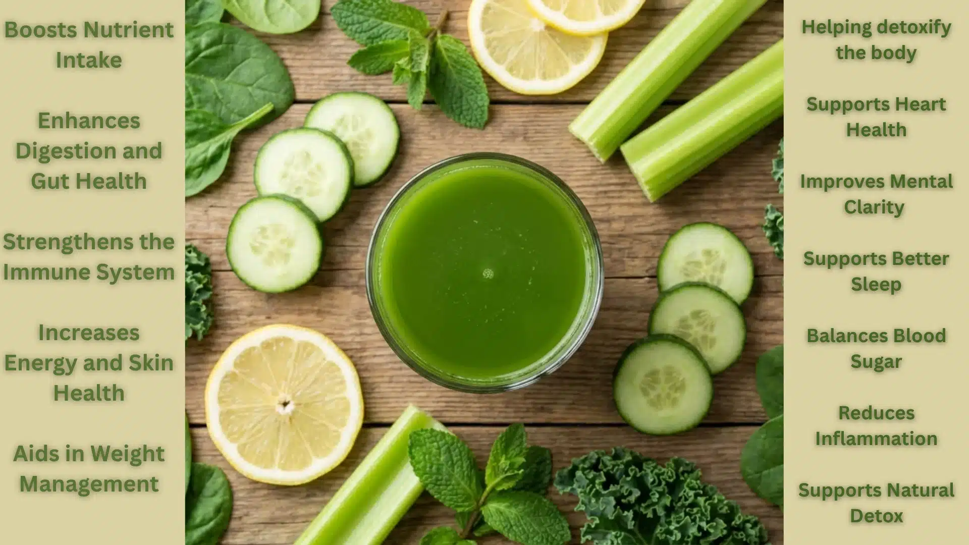 Glass of green juice surrounded by fresh spinach, kale, cucumber, celery, lemon, and mint on a wooden surfacey text